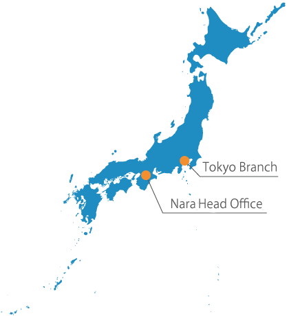 Map of Japan: Headquarters (Nara), Tokyo Branch, Hiroshima Office